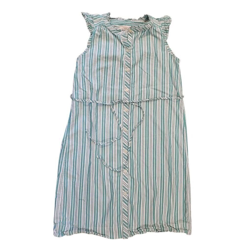 LOFT Dress Women's XS Green White Stripe Button Down Cotton Poplin Tie Waist